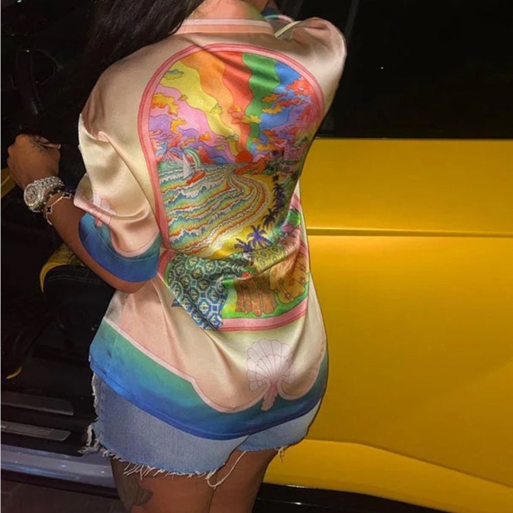 Colorblock Half Sleeve Turndown Collar Loose Blouse